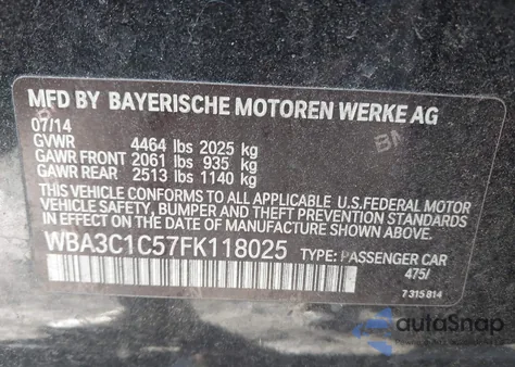 2015 BMW 328I из США, поврежденный, VIN WBA3C1C57FK118025